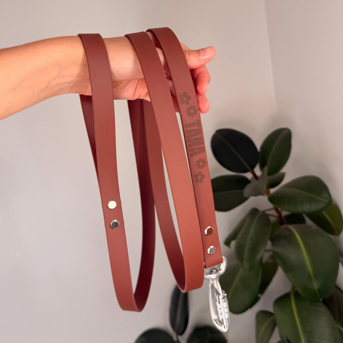 Laisse La Baroudeuse 2m30 en Biothane marron, prénom gravé et motif floral, mousqueton aluminium, tenue à la main